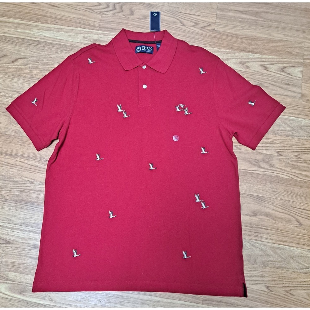 NEW CHAPS RALPH LAUREN MEN'S SIZE L RED POLO ALL OVER MALLARD EMBROIDERY PREPPY